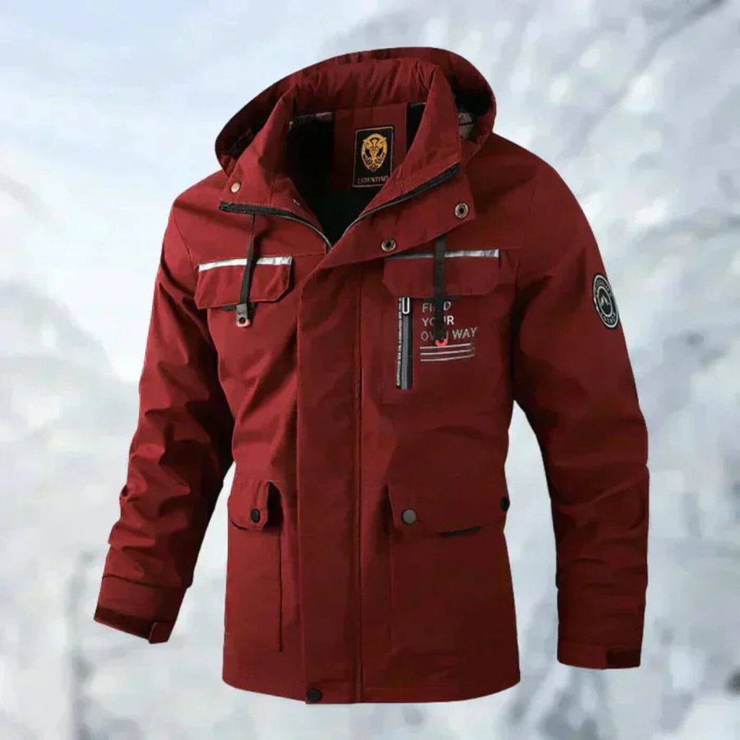 Griffin hooded waterproof jacket in red, front view