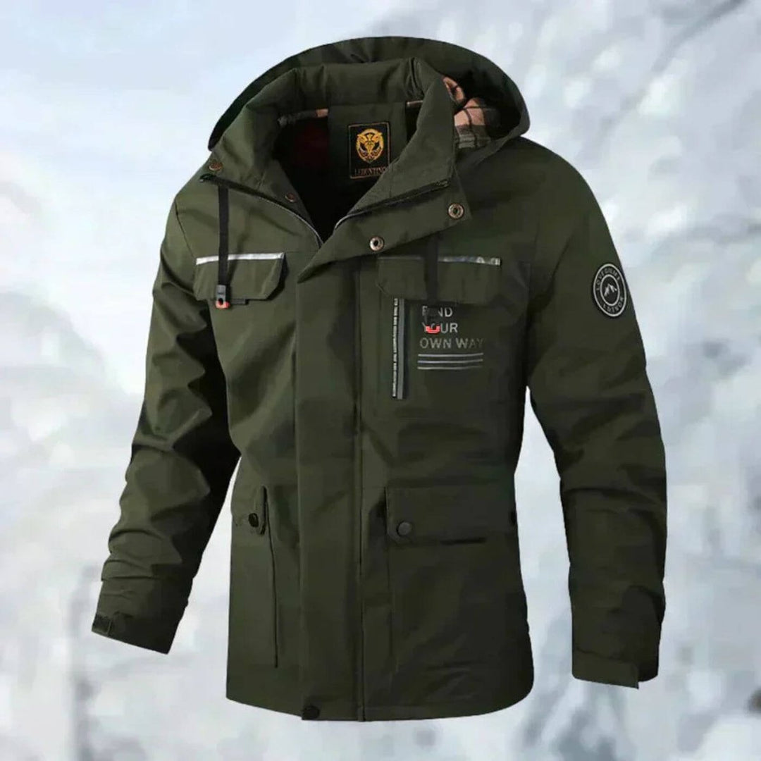 Griffin hooded waterproof jacket in green, front view