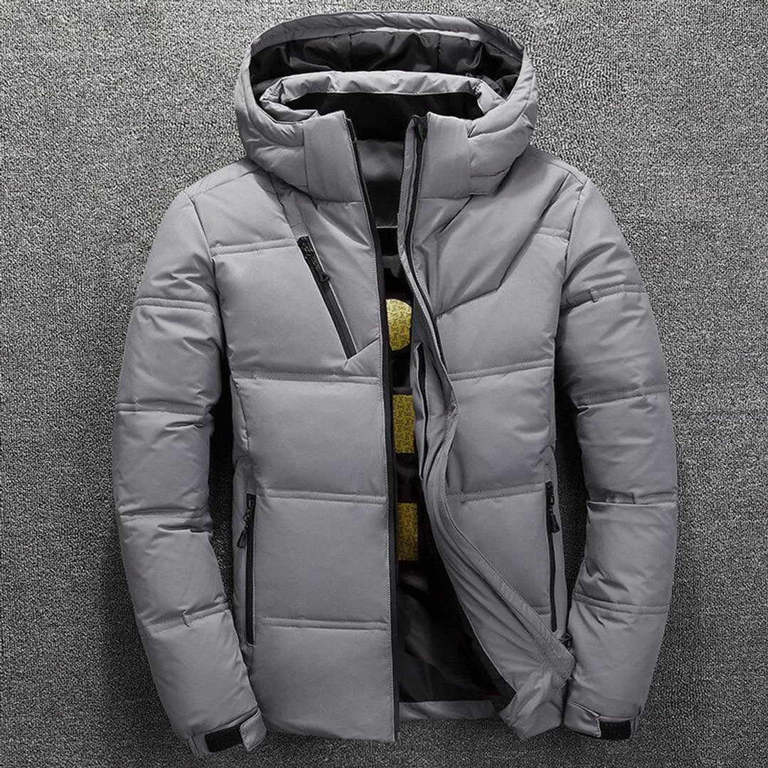 Griffin quilted puffer jacket with detachable hood, front view in gray