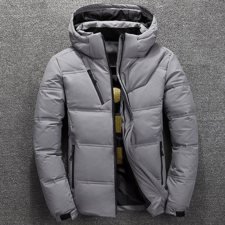 Griffin quilted puffer jacket with detachable hood, front view in gray