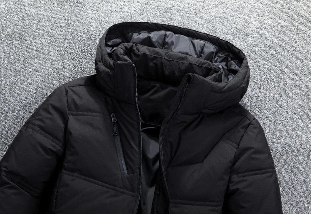 Griffin puffer jacket hood and collar detail in black