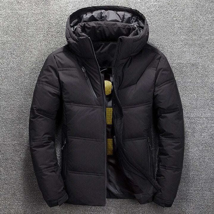 Griffin quilted puffer jacket with hood, front view in black