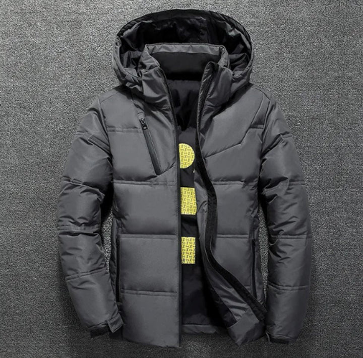 Griffin quilted puffer jacket with detachable hood, front view in dark gray