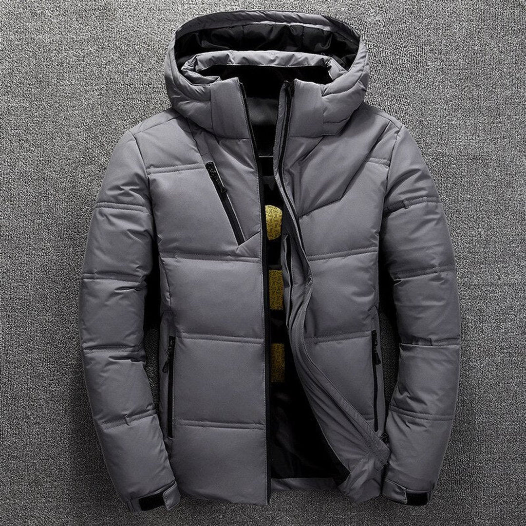 Griffin quilted puffer jacket with detachable hood, front view in light gray