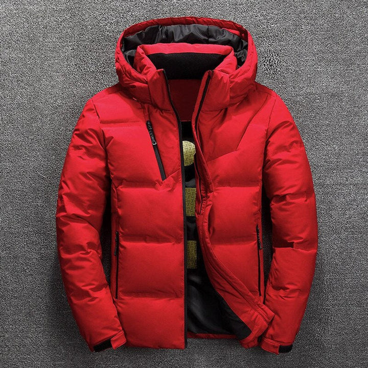 Griffin quilted puffer jacket with detachable hood, front view in red