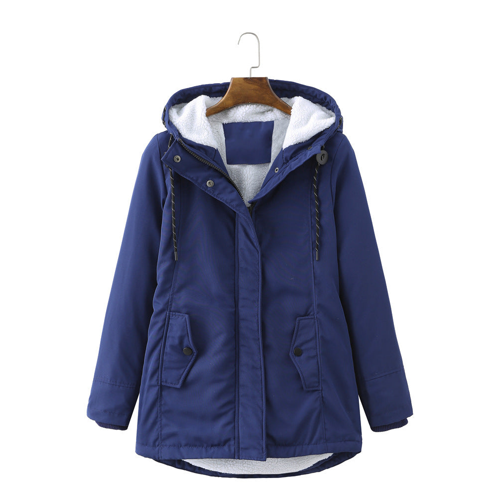 Harlow navy sherpa lined hooded winter coat, front view close