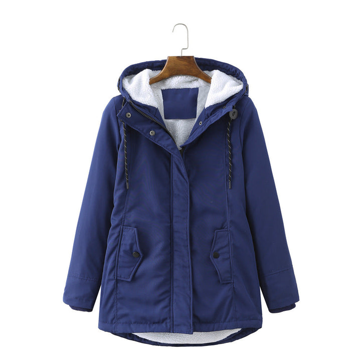 Harlow navy sherpa lined hooded winter coat, front view close