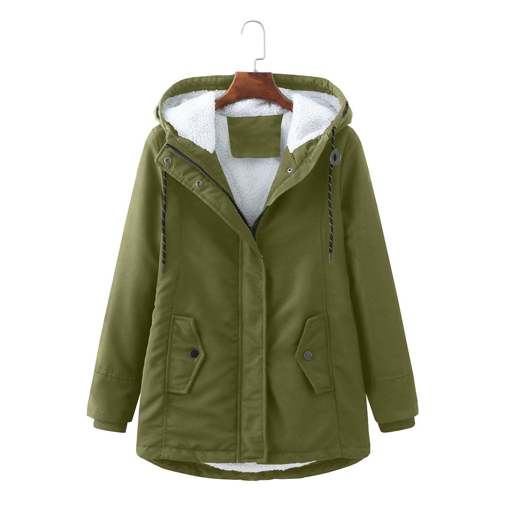 Harlow olive green sherpa lined hooded winter coat, front view