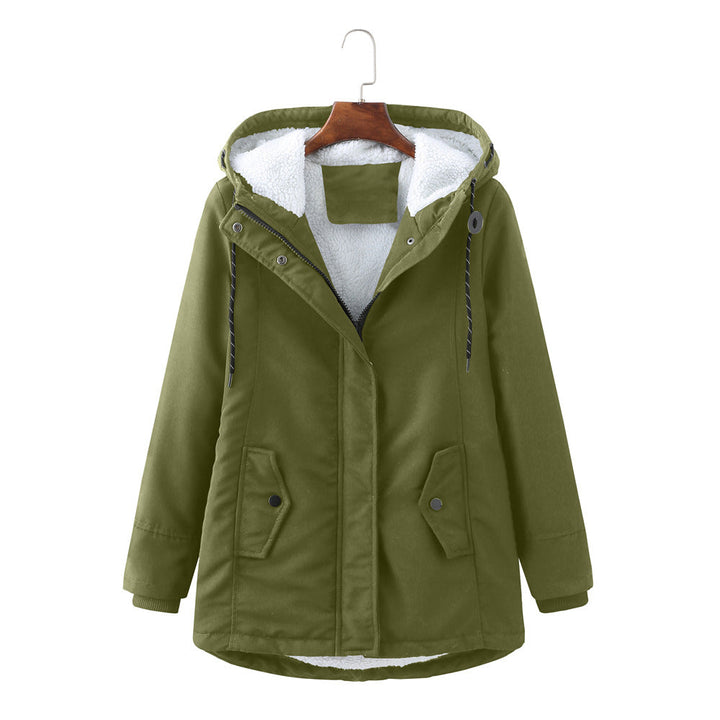 Harlow olive green sherpa lined hooded winter coat, front view