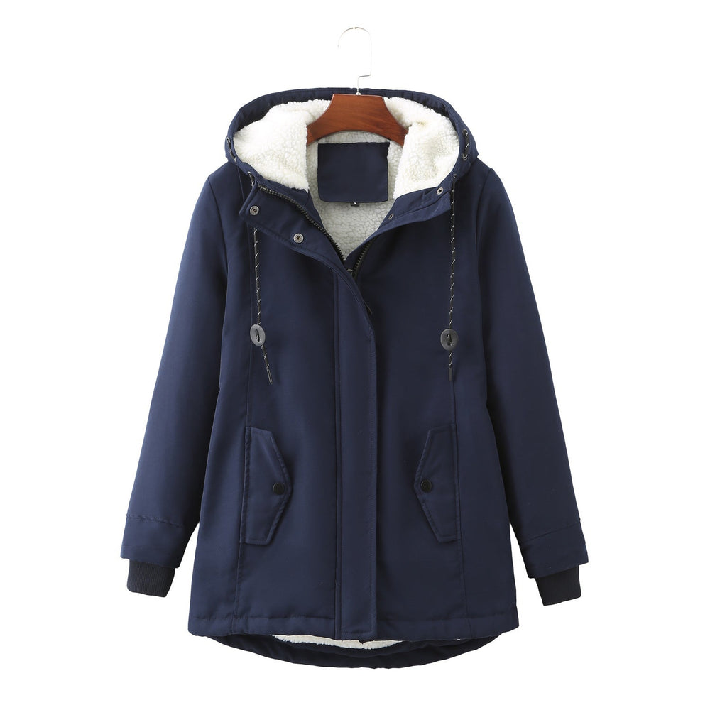 Harlow navy sherpa lined hooded winter coat, front view
