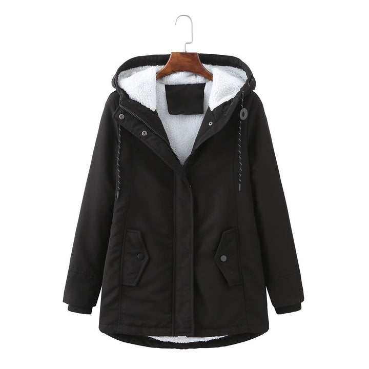 Harlow black sherpa lined hooded winter coat, front view
