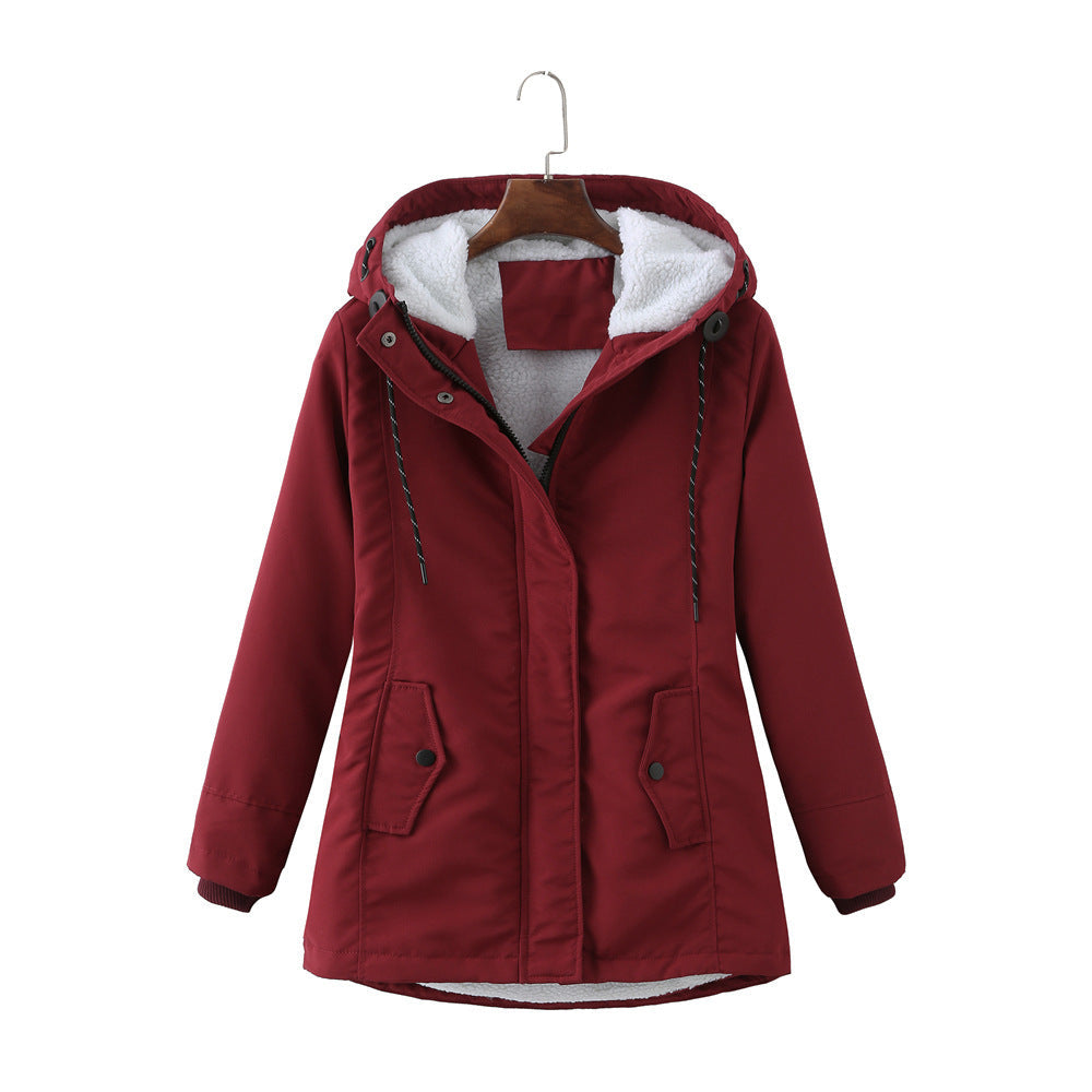 Harlow burgundy sherpa lined hooded winter coat, front view