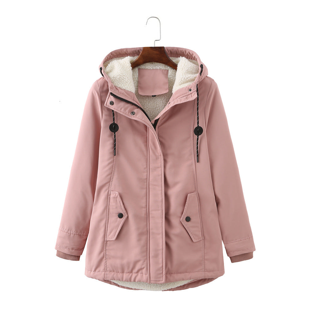 Harlow pink sherpa lined hooded winter coat, front view close