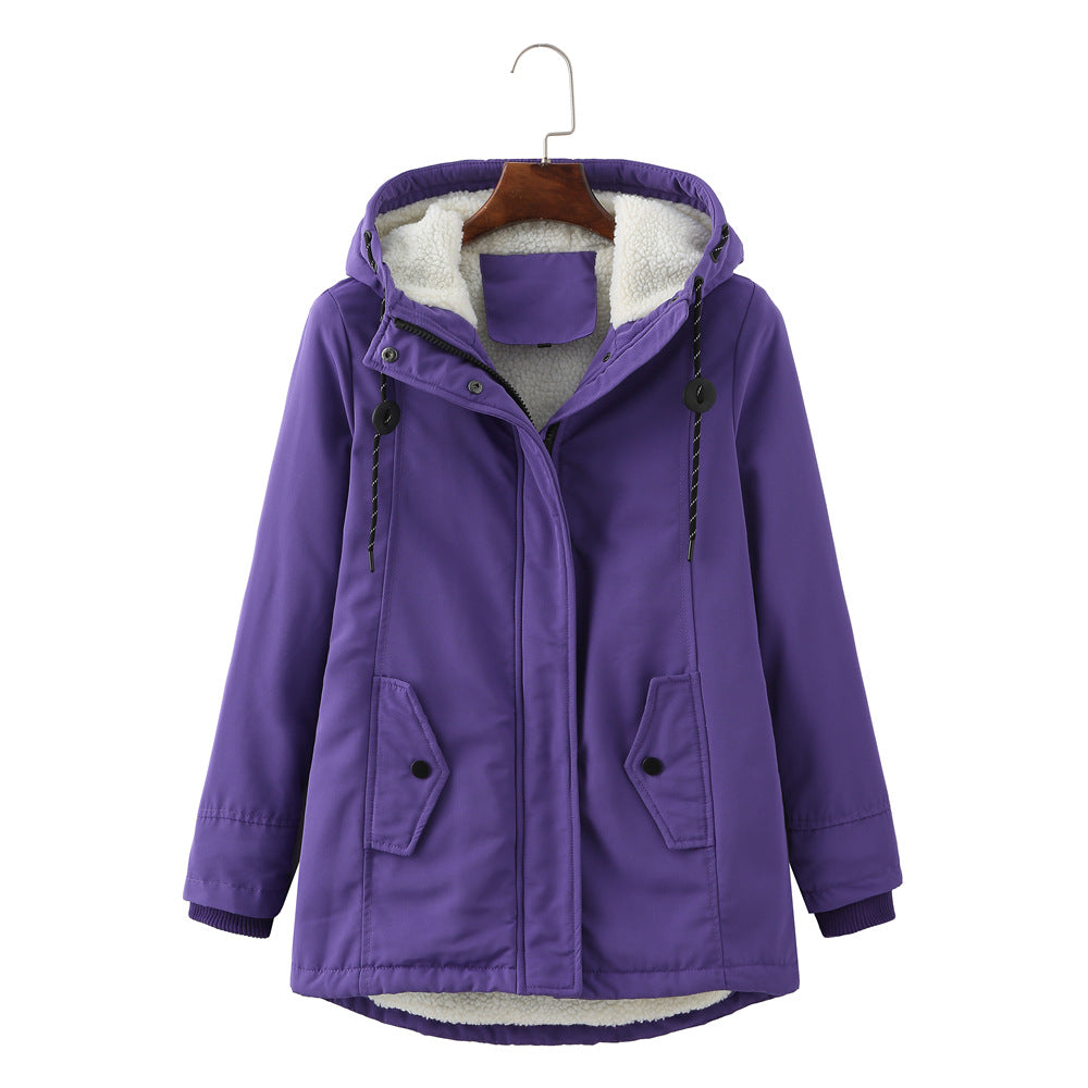 Harlow purple sherpa lined hooded winter coat, front view