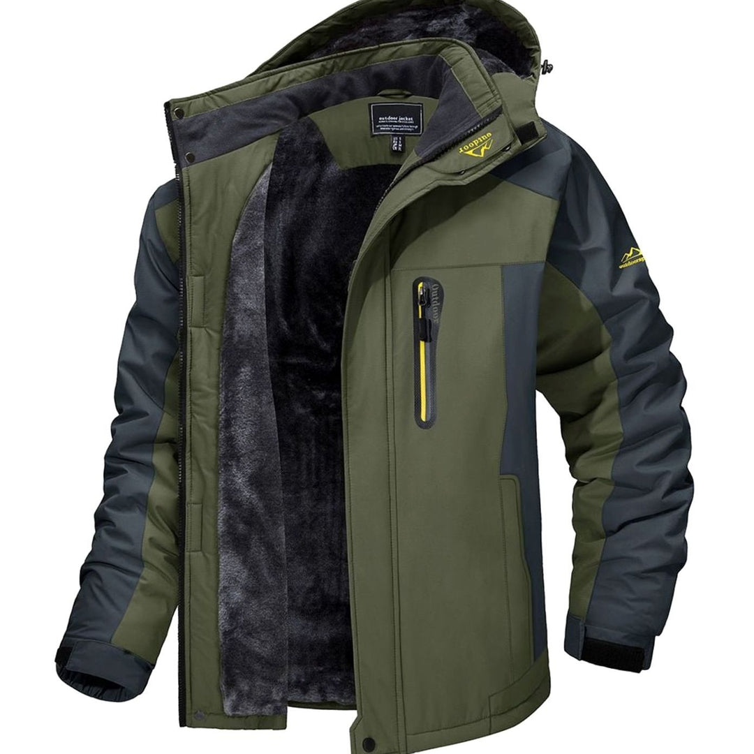 Holden fleece-lined hooded winter jacket in army green, open front view showing fleece interior