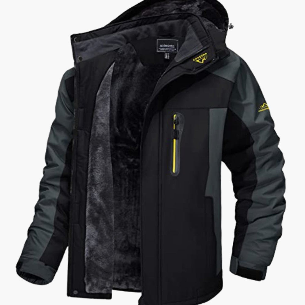 Holden fleece-lined hooded winter jacket in black, open front view showing fleece interior