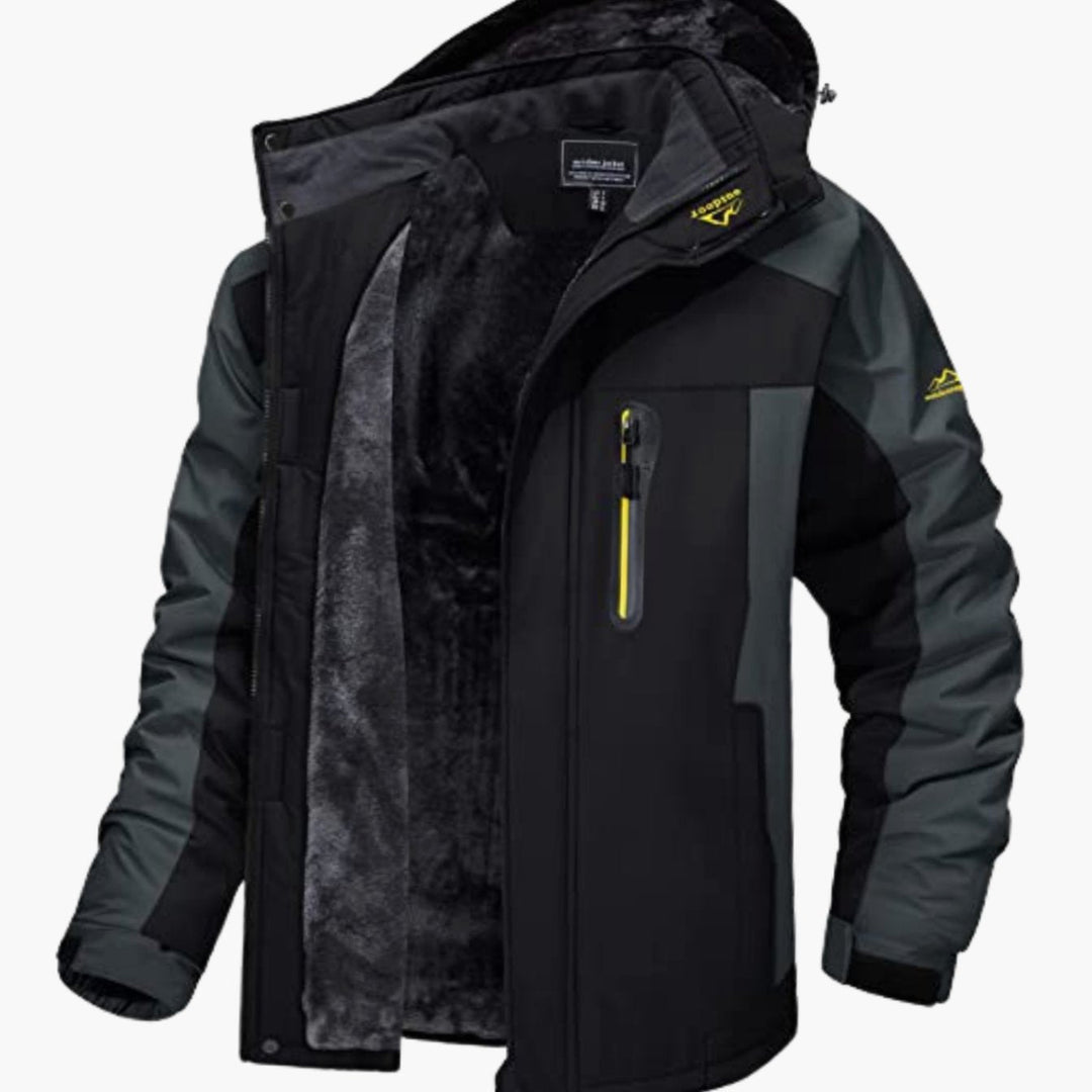 Holden fleece-lined hooded winter jacket in black, open front view showing fleece interior