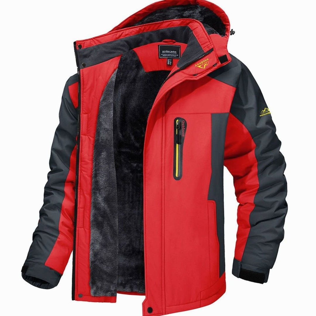 Holden fleece-lined hooded winter jacket in red, open front view showing fleece interior