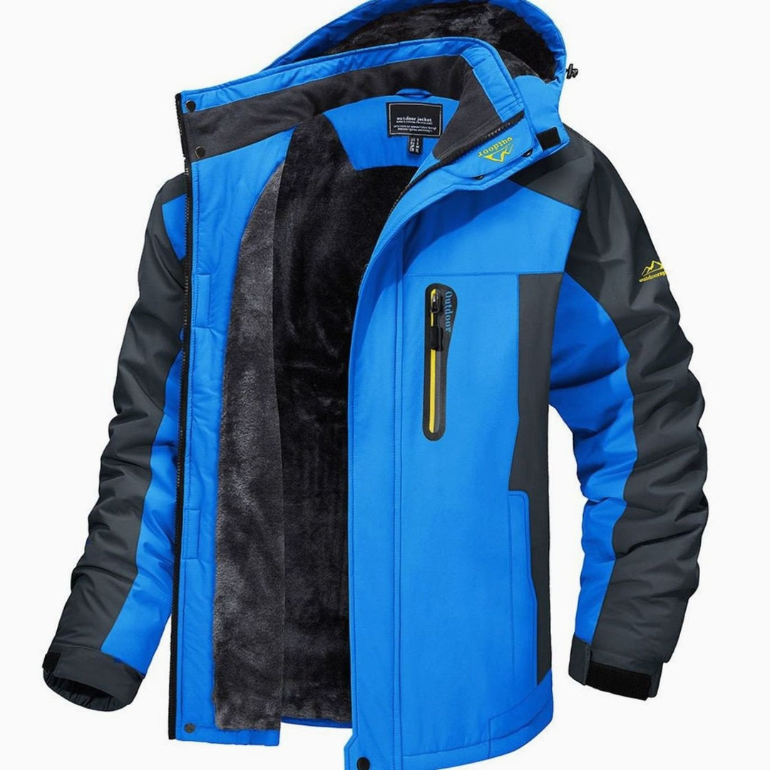 Holden fleece-lined hooded winter jacket in light blue, open front view showing fleece interior