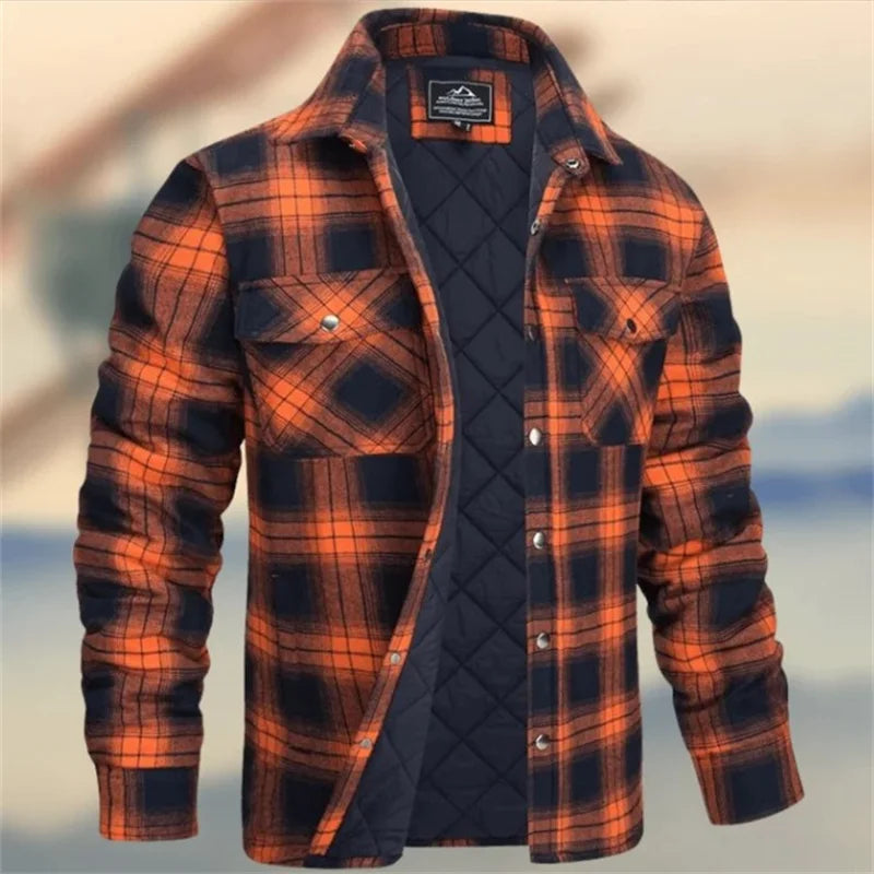 Holden quilted lined plaid flannel overshirt in orange and navy, front view open