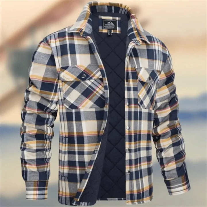 Holden quilted lined plaid flannel overshirt in black and white, front view open