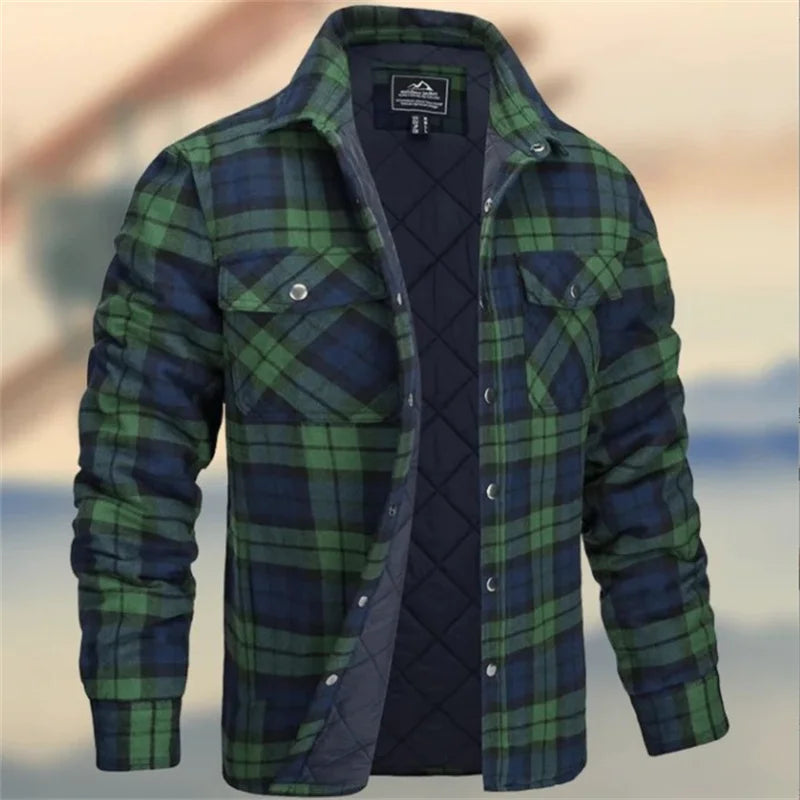 Holden quilted lined plaid flannel overshirt in green and navy, front view open