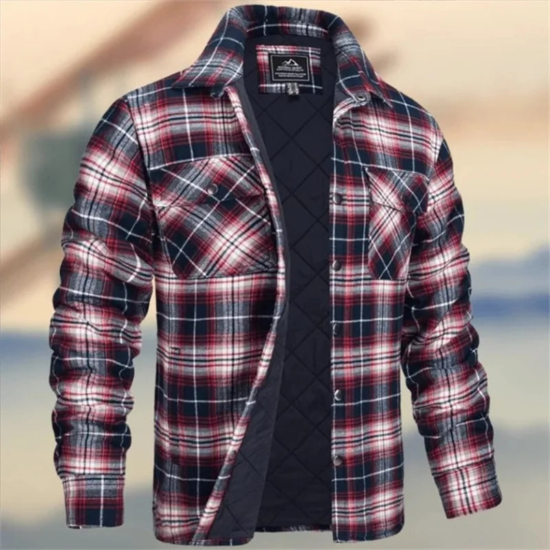 Holden quilted lined plaid flannel overshirt in red and white, front view open