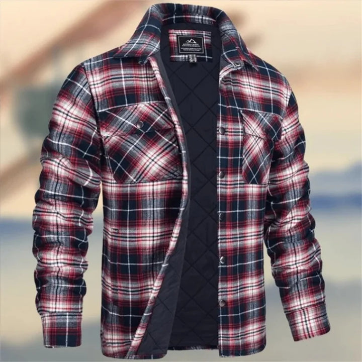 Holden quilted lined plaid flannel overshirt in red and white, front view open
