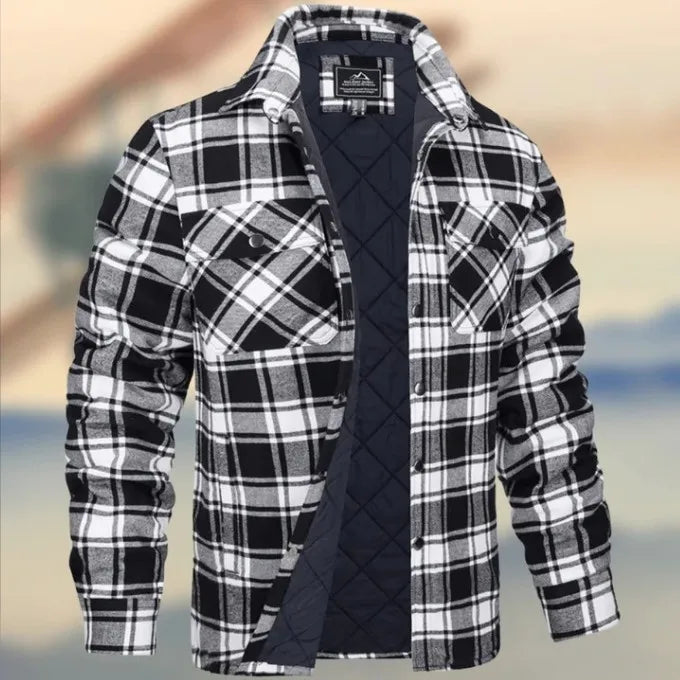 Holden quilted lined plaid flannel overshirt in blue and white, front view open