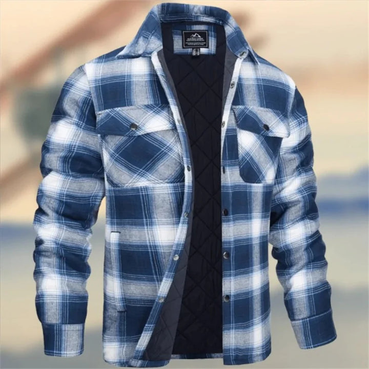 Holden quilted lined plaid flannel overshirt in navy and mustard, front view open