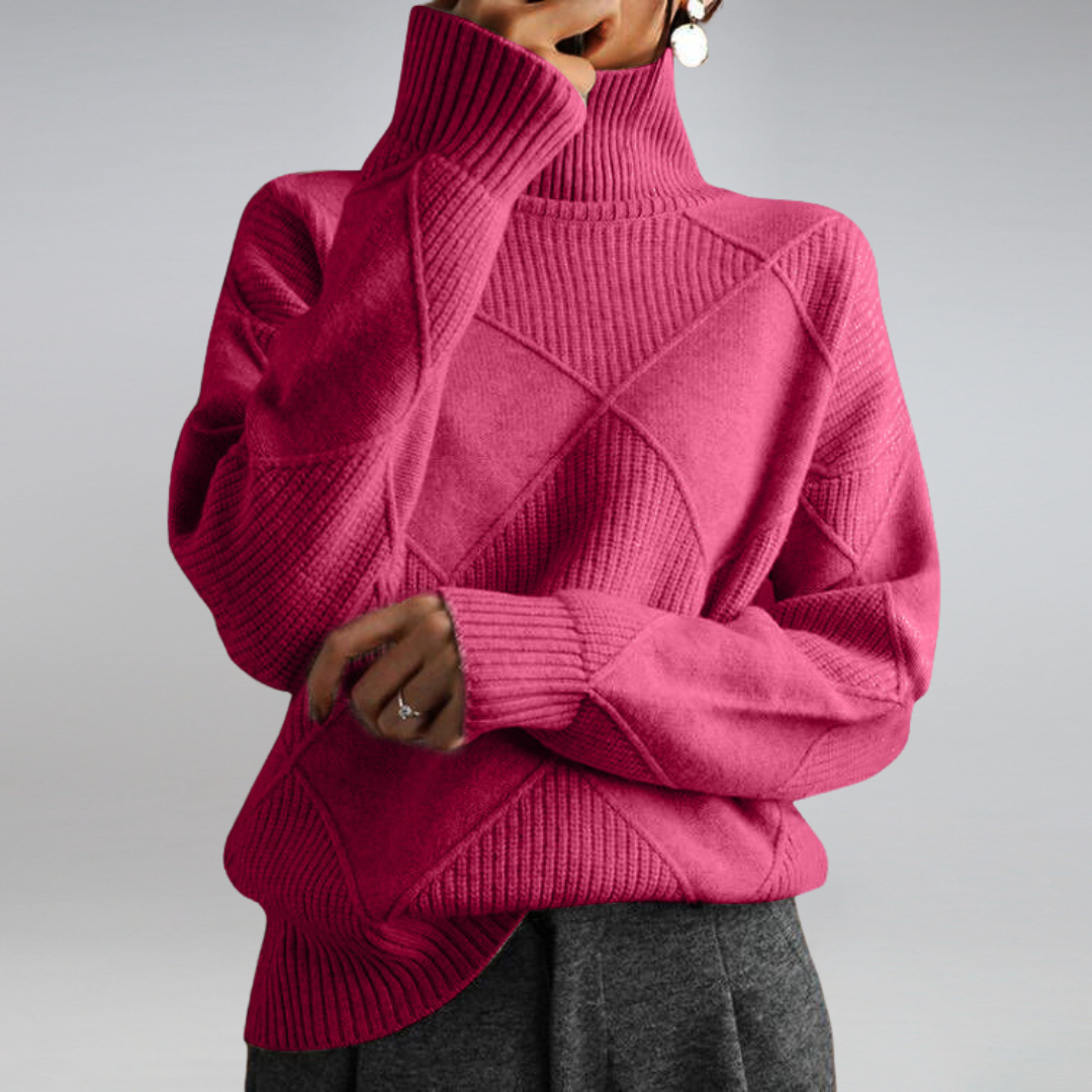 Josephine pink turtleneck sweater with ribbed cuffs, front view