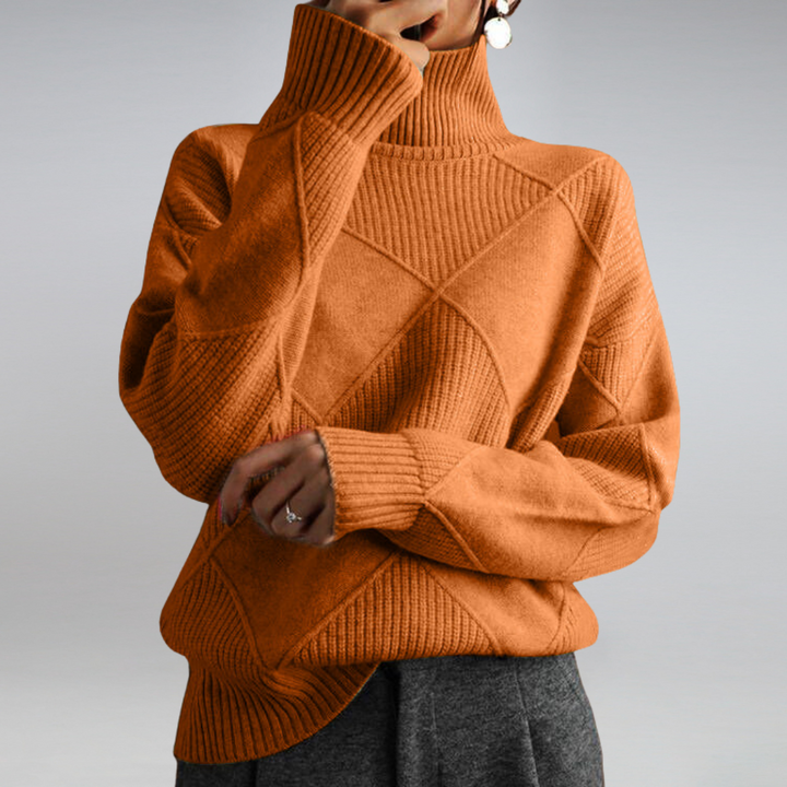 Josephine orange diamond knit turtleneck sweater, front view