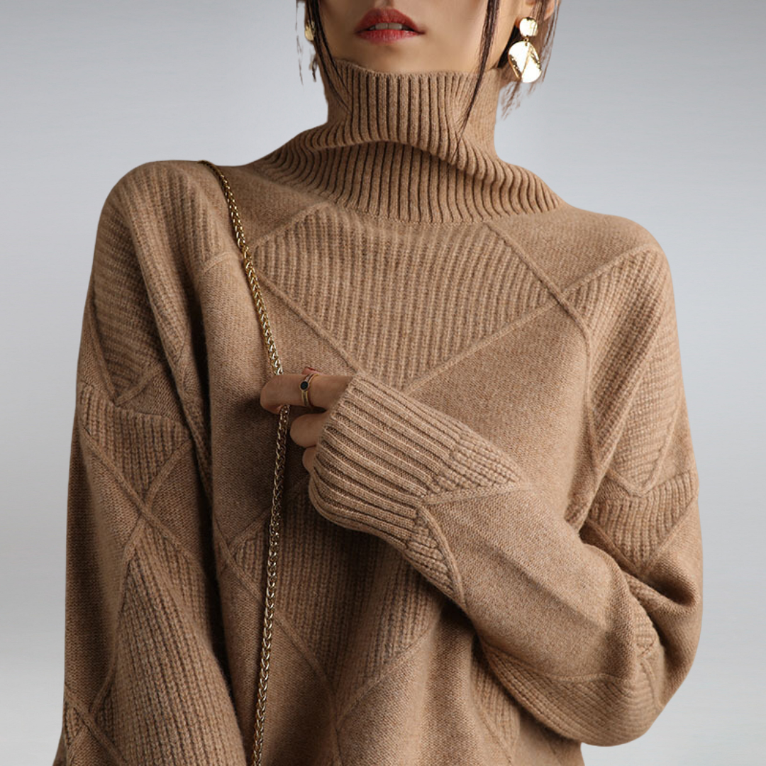 Josephine camel diamond knit turtleneck sweater with crossbody bag, front view