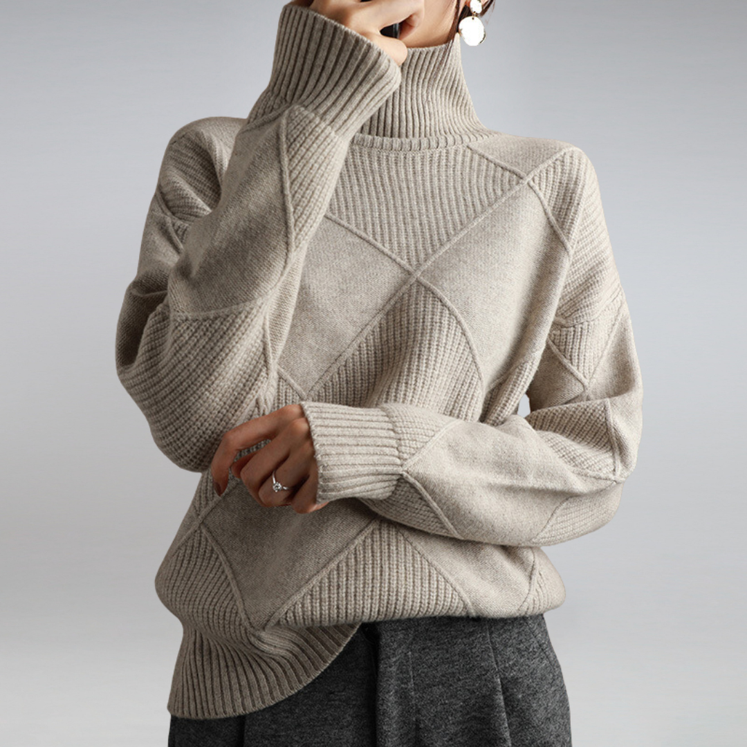 Josephine beige oversized turtleneck sweater, front view