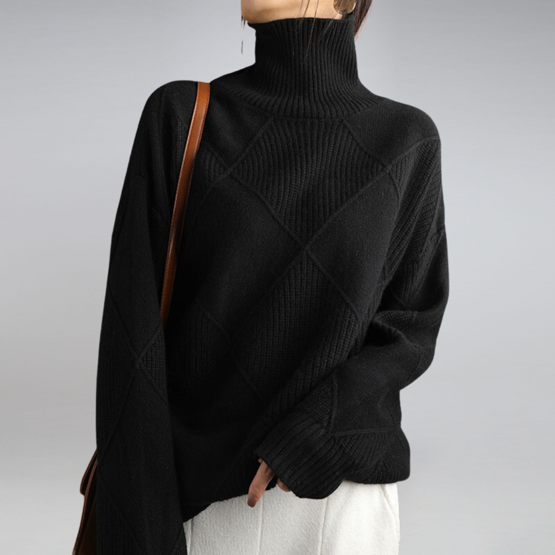 Josephine black turtleneck sweater with ribbed collar, side view