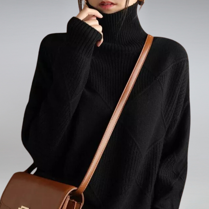Josephine black turtleneck sweater, close-up with crossbody bag