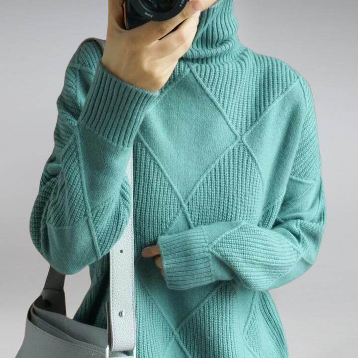 Josephine turquoise diamond knit turtleneck sweater, front view