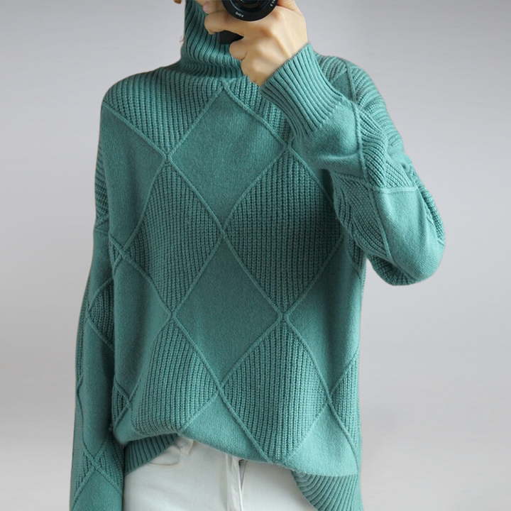Josephine turquoise turtleneck sweater, close-up on diamond pattern