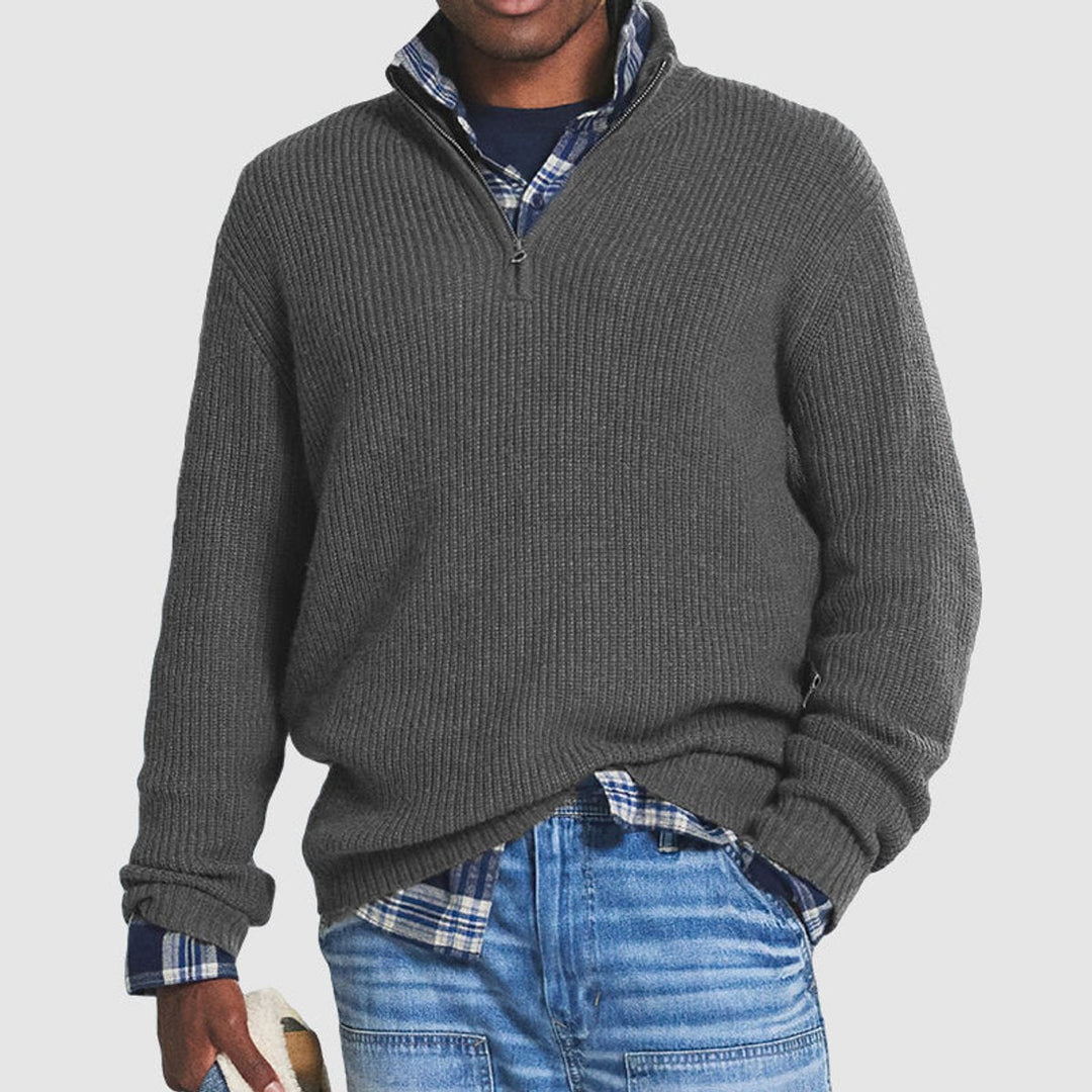 Julian ribbed quarter-zip knit sweater in gray, front view layered over plaid shirt