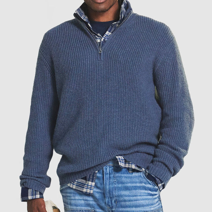 Julian ribbed quarter-zip knit sweater in blue, front view layered over plaid shirt