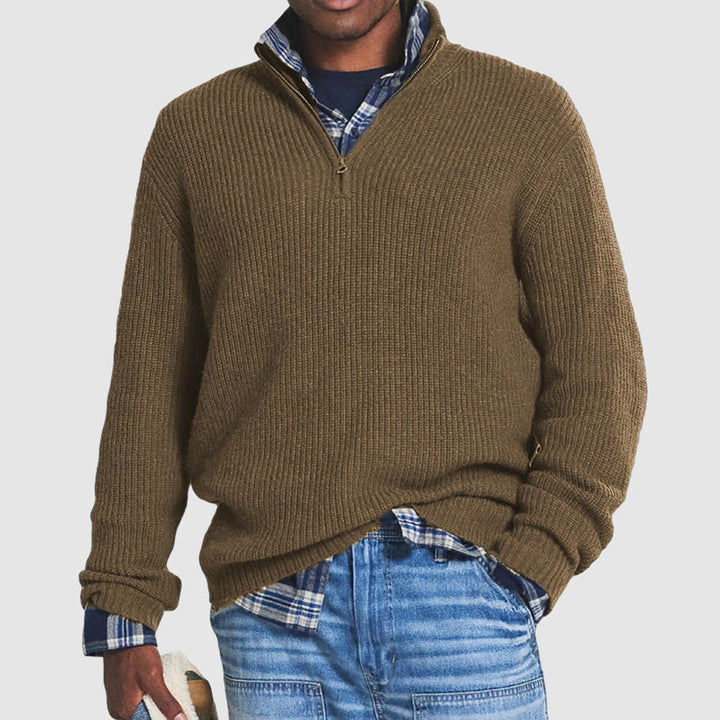Julian ribbed quarter-zip knit sweater in brown, front view layered over plaid shirt