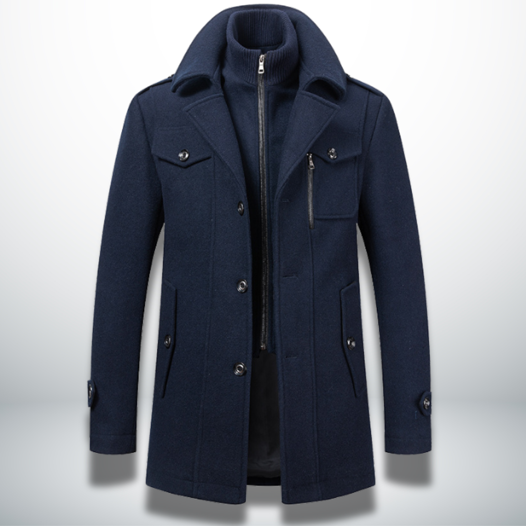 Lincoln navy wool blend zip front coat with layered collar, front view