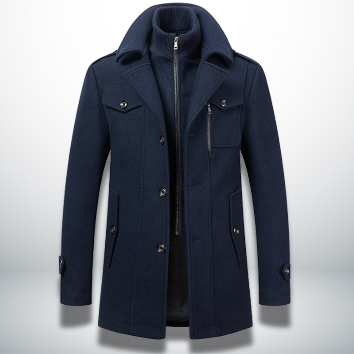 Lincoln navy wool blend zip front coat with layered collar, front view