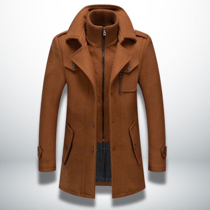 Lincoln camel wool blend zip front coat with layered collar, front view