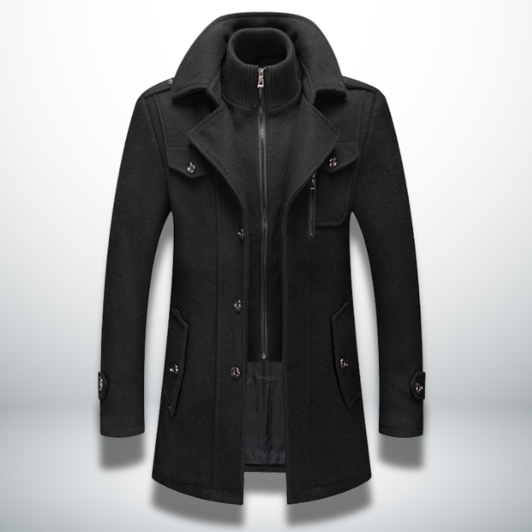 Lincoln black wool blend zip front coat with layered collar, front view