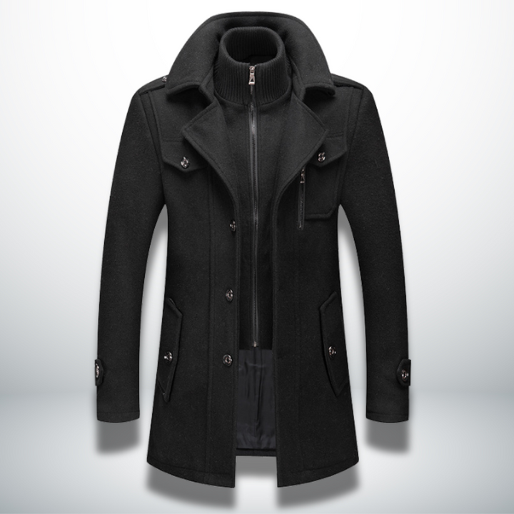 Lincoln black wool blend zip front coat with layered collar, front view