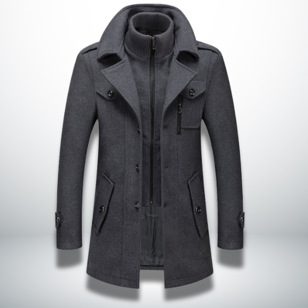 Lincoln charcoal grey wool blend zip front coat with layered collar, front view