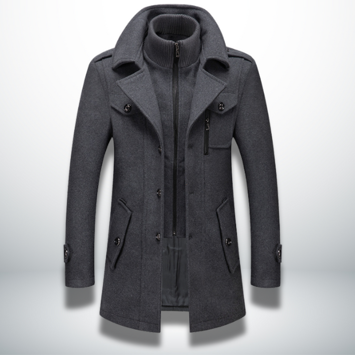 Lincoln charcoal grey wool blend zip front coat with layered collar, front view