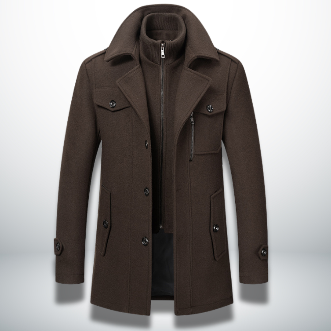 Lincoln brown wool blend zip front coat with layered collar, front view