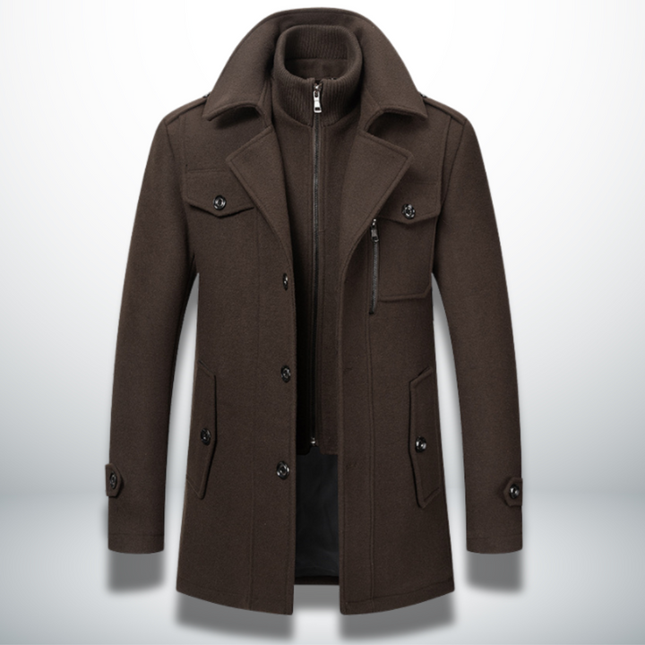 Lincoln brown wool blend zip front coat with layered collar, front view